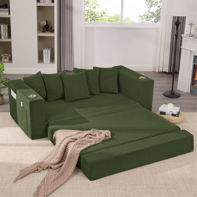 2-In-1 Convertible Sleeper Couch,Modern Sofa , Floor Folding Couch,Corduroy,5 Pillows,Side Pocket, Cup Holders,Apartment, Home Office, No Assembly,3 Seat