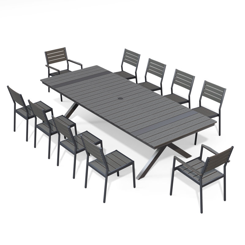 Ensemble repas d'extérieur pour 10 personnes avec structure en aluminium, trou pour parasol, chaises empilables et sans accoudoirs