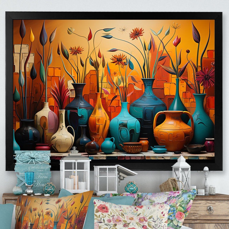 «Orange Boho Pottery Expressions I», art sur toile Boho Pottery, Cadre d'angle fermé noir, H 24 po x l 32 po x P 1 po