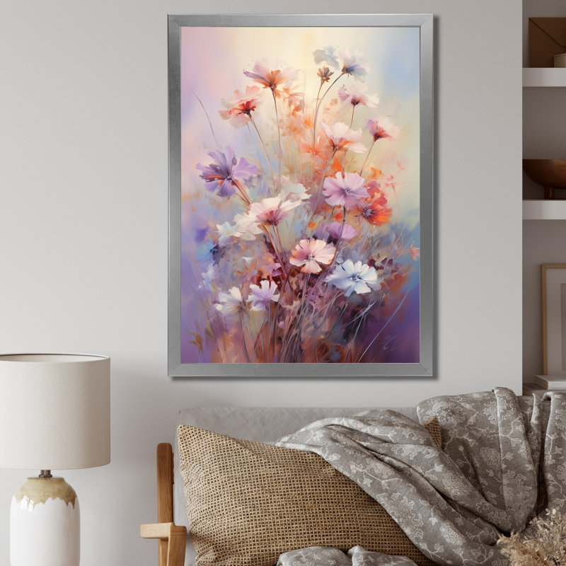 Impression romantique sur toile, "Wildflowers Bouquet Romantic", Cadre simple argenté, H 32 po x l 16 po x P 1 po