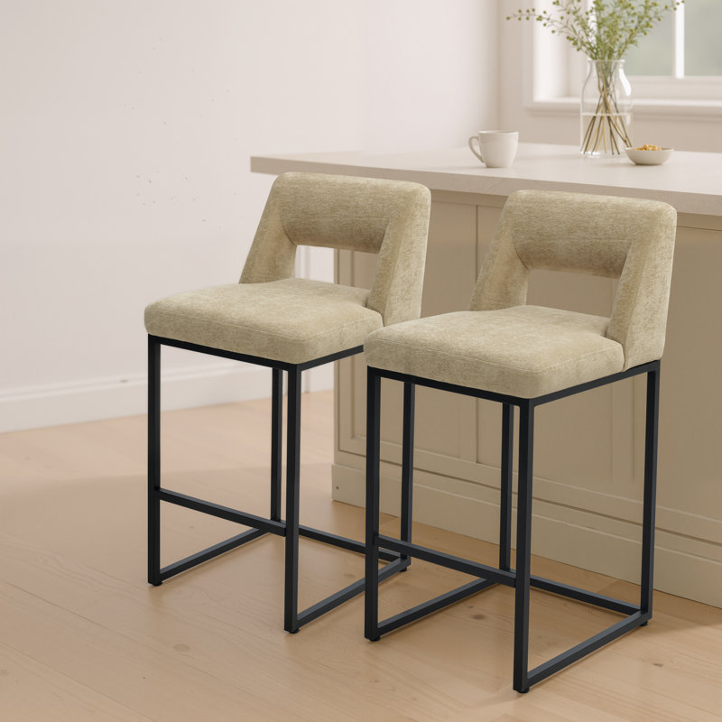 26" Upholstered Counter Barstool With Low Back And Metal Frame Modern Kitchen Island Seating, Beige Seat/ Black Frame