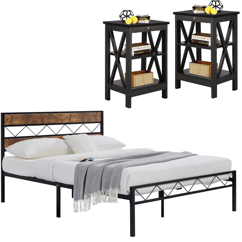 Ensemble de chambre à coucher, cadre de lit et table de chevet, Double, Noir