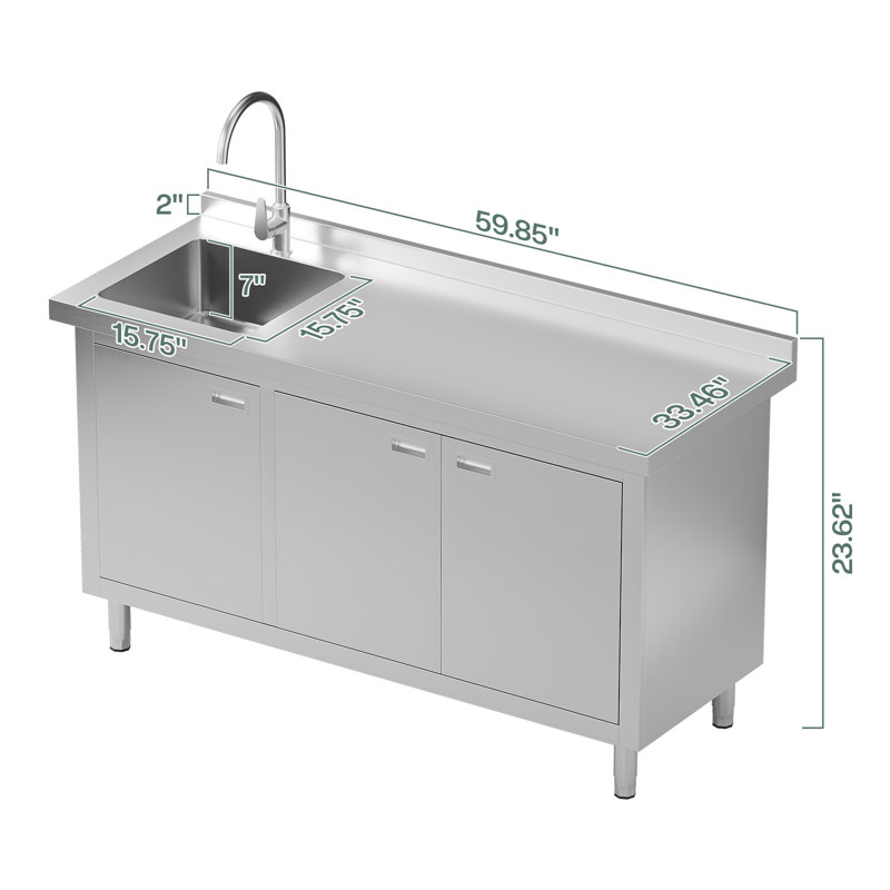 60" W x 24" D x 33.5" Stainless Steel Utility Sink with Cabinet – Heavy-Duty Kitchen & Outdoor Workstation with Faucet & Storage Shelf