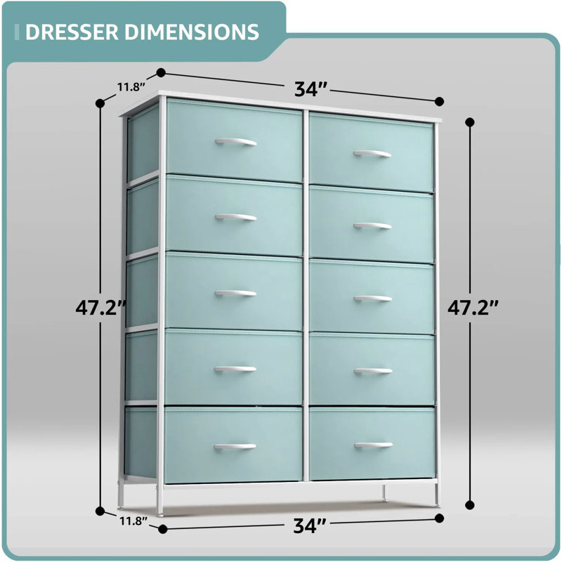 Sorbus 10 Drawers Dresser with Steel Frame and Fabric Bins, Blue