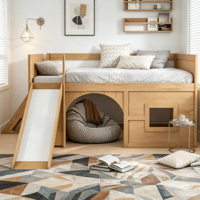 Full Size Wooden Low Loft Bed with Storage Shelves, Slide, Door and Window Design