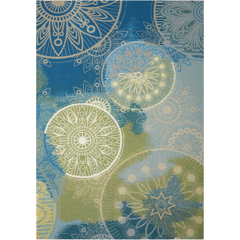 Blue Floral Synthetic Easy Care Indoor/Outdoor Area Rug