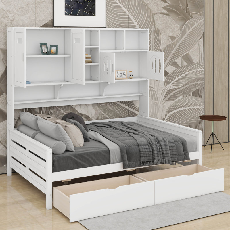 Lit de jour double en bois avec 2 tiroirs, armoire et tablettes, Blanc