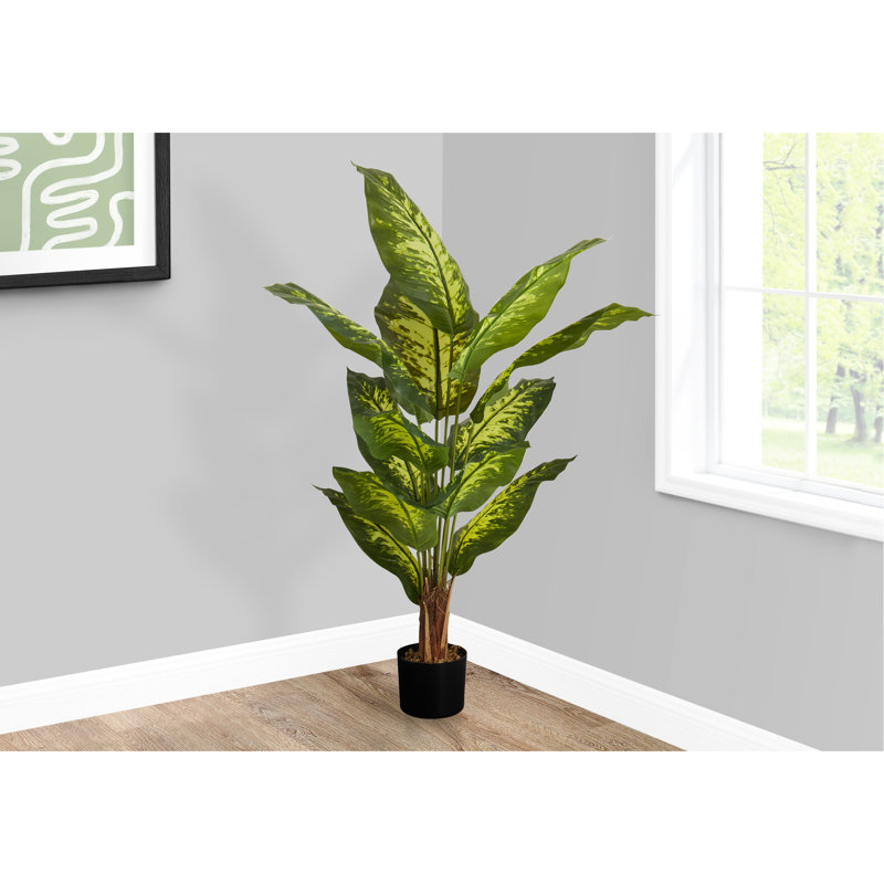46,82 po Grand arbre à feuilles persistantes artificiel d'intérieur, plante artificielle avec feuilles en pot noir, verdure décorative délicate
