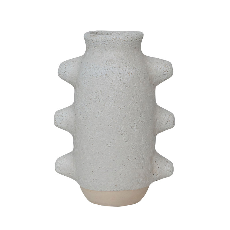 Abstract Stoneware Vase, White Volcano Finish, 9.06" H x 6.3" W x 4.33" D