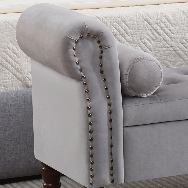 Minaal Velvet Upholstered with Arms Storage Bench, Gray, 26.4'' H X 66.9'' W X 16.9'' D