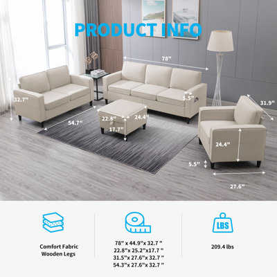 Raylina 4-Piece Linen Living Room Set with Storage Ottoman, Upholstered Sectional Sofa & Loveseat &Single Sofa for Small Spaces, Beige