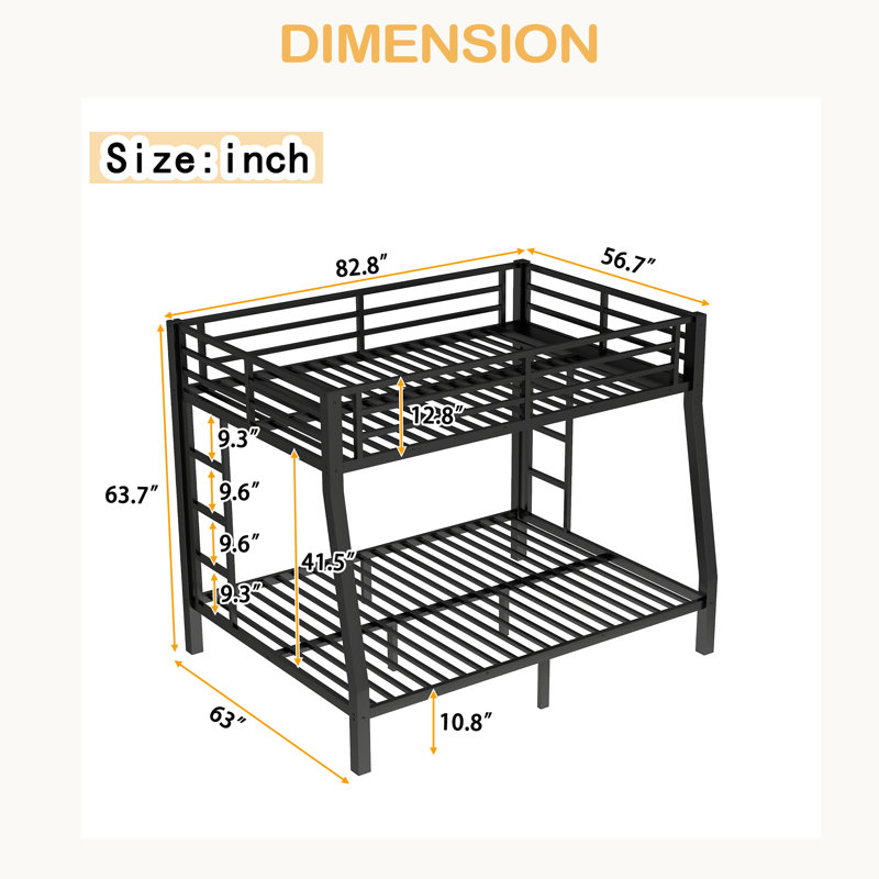 Metal Full XL Over Queen Bunk Bed For Teens And Adults,Space-Saving/Noise Reduced/No Box Spring Needed
