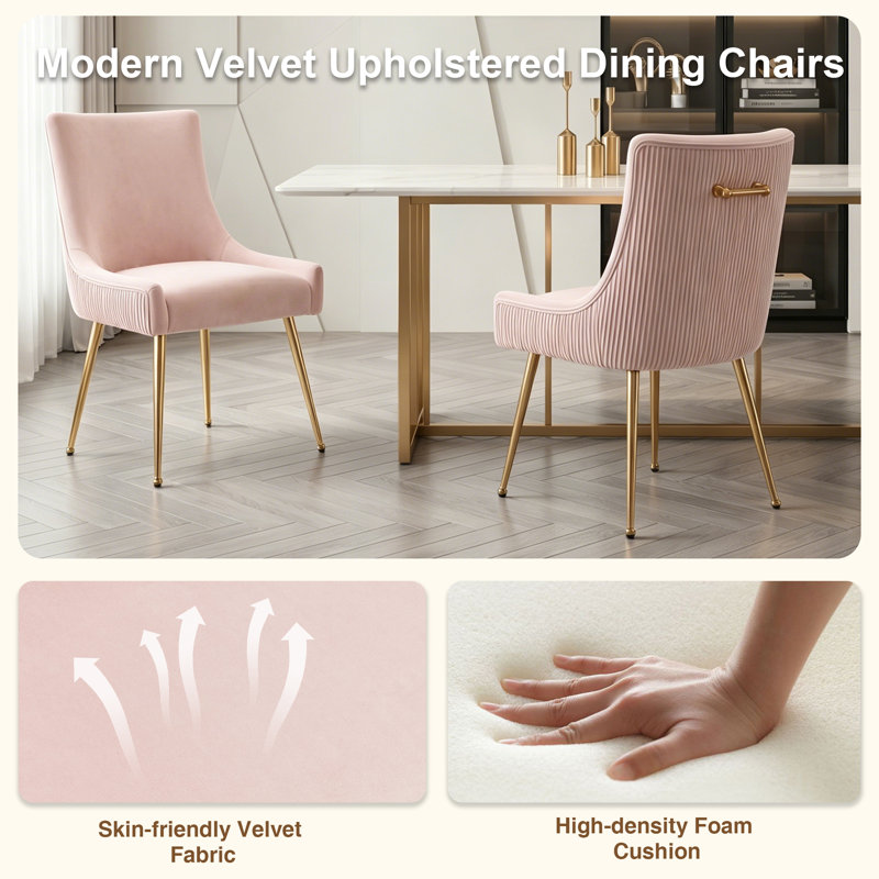 Velvet Upholstered Side Chair With Gold Legs , Pink, Gold