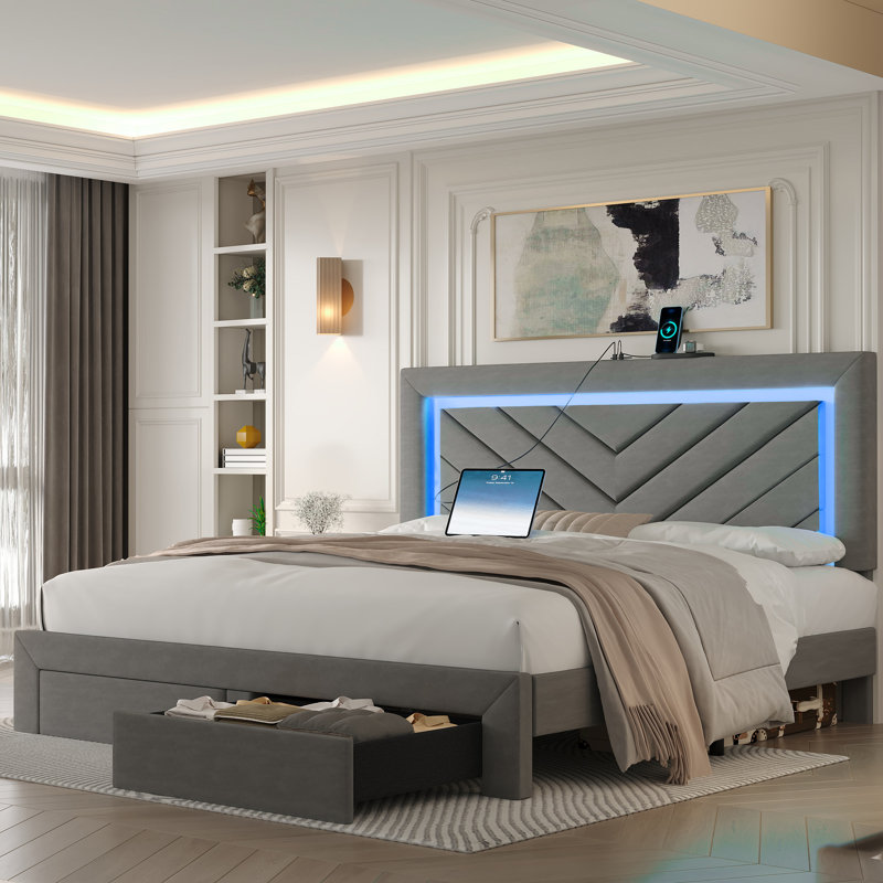 Upholstered Bed Frame with Adjustable Charged LED Headboard and Storage Drawers, Queen, Gray
