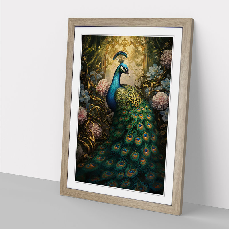 Peacock Victorian - Single Picture Frame Print on Wood, Oak Framed, 34cm H x 25cm W x 2cm D