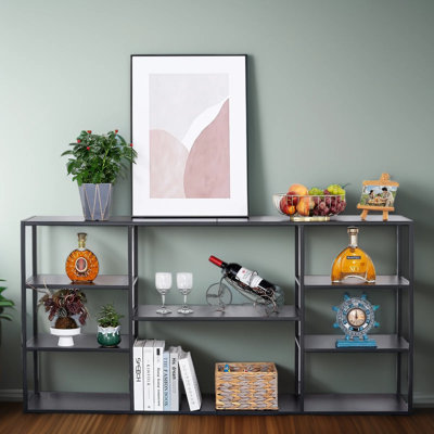 63 Inch Extra Long Console Table With 8 Open Shelves, Narrow Sofa Table For Entryway, Hallway, Living Room, And Foyer - Industrial Metal Design