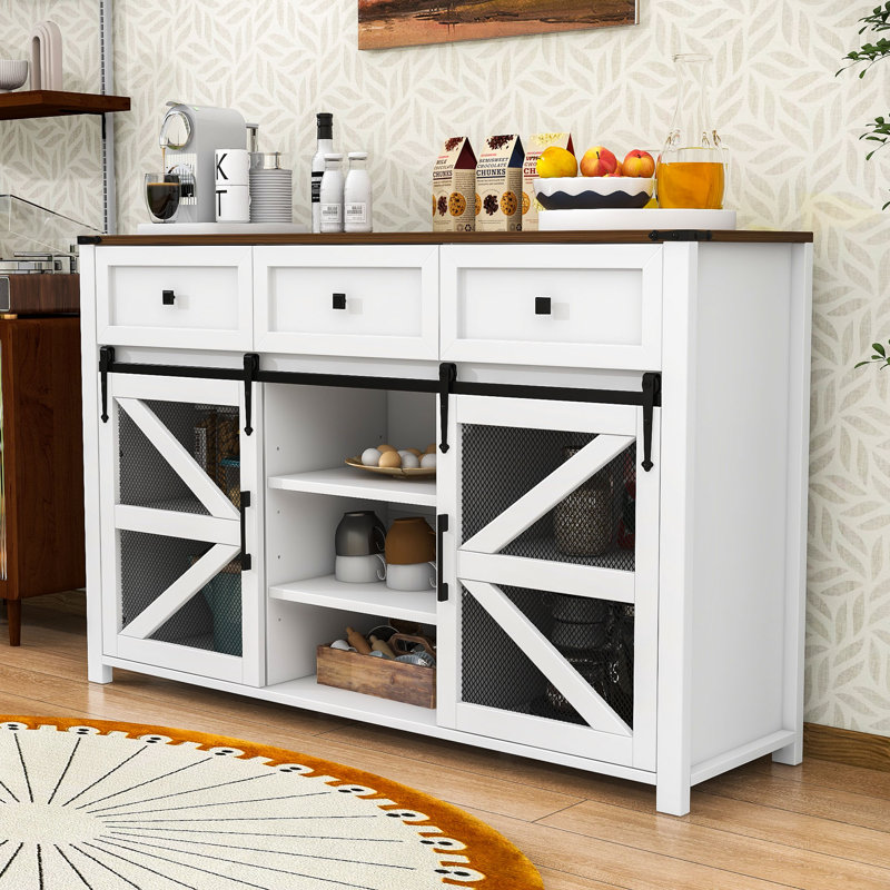 3 Drawers Sideboard Buffet Cabinet with Sliding Barn Door, Adjustable Shelves and Metal Mesh Doors, White