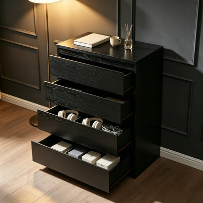 Commode 31,5 po à 4 tiroirs, commode de rangement étroite sans poignée avec tiroirs coulissants, rangement pour garde-robe peu encombrant pour la chambre à coucher