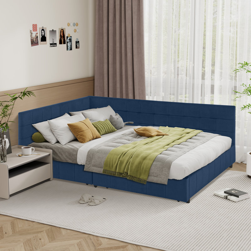 Modern Queen Size Storage Upholstered Tufted Bed Frame,sofa Bed Frame With Comfortable Backrest And Armrests, Dark Blue