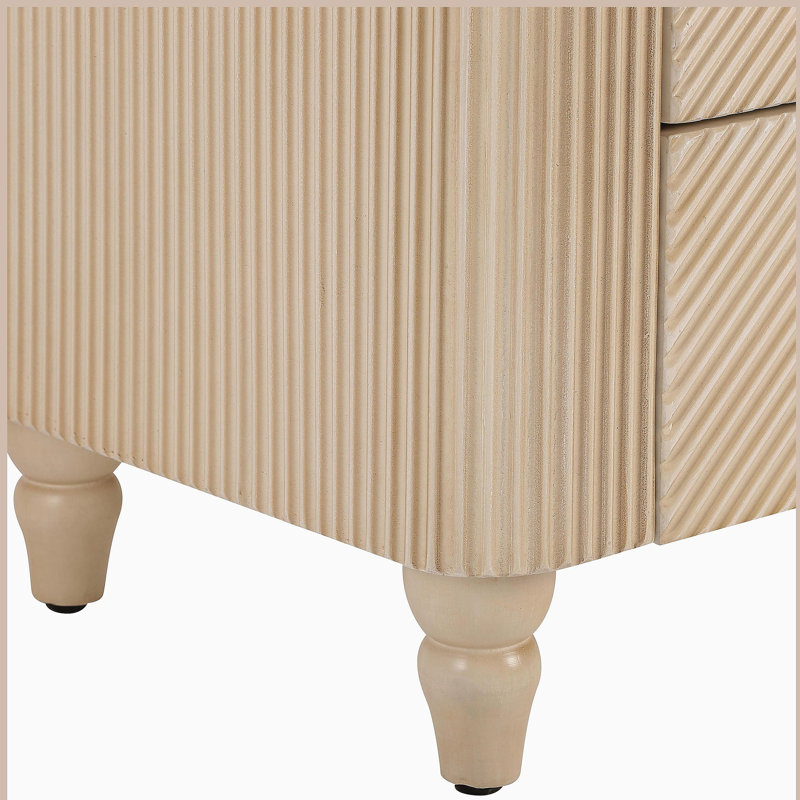 Table de chevet 3 tiroirs Mid-Century cannelée, table de chevet avec profil incurvé et larges poignées lustrées dorées, table de bout