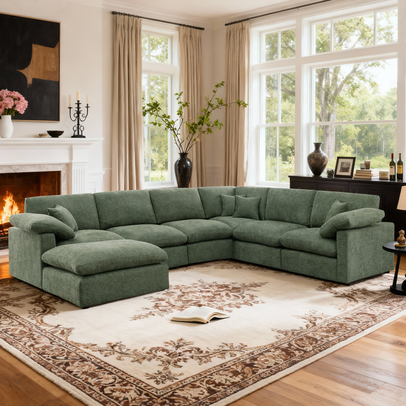 144" Chenille Sectional Corner Sofa 7 Pieces Oversized Comfy Modular Reversible Couch With Upholstered Movable Ottoman