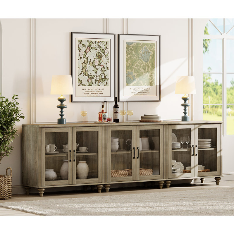 Buffet Corretta avec 6 portes en verre, armoire Buffet avec tablette réglable, Gris délavé