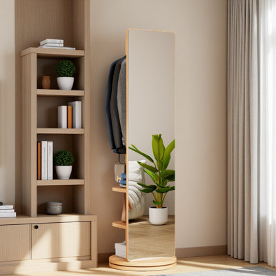 360° Rotating 66"X14" Multifunctional Full Length Mirror With Hook Storage Rack Coat Rack With Mirror Solid Wood Floor Mirror Bedroom Living Room Cloakroom Space Saving