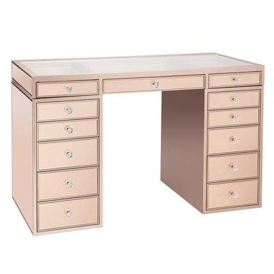 SlayStation Plus Premium Mirrored Vanity Table with Glass Tabletop, 13 Drawers with Luxurious Crystal Knob Accents