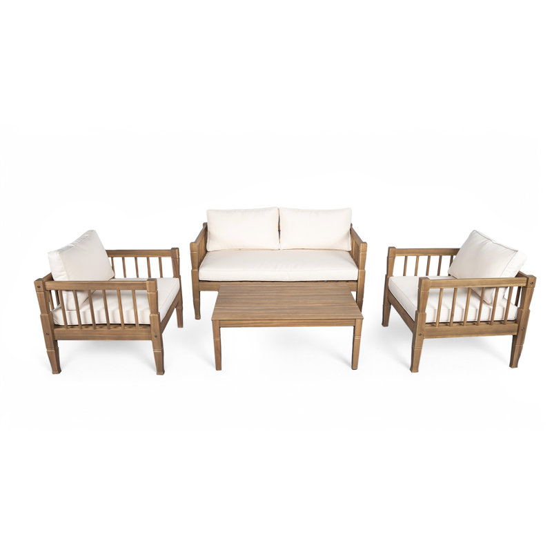 Solaria Modern Coastal Acacia Wood 4-Piece Patio Conversation Set With Deep Seating Cushions And Coffee Table, Light Gray