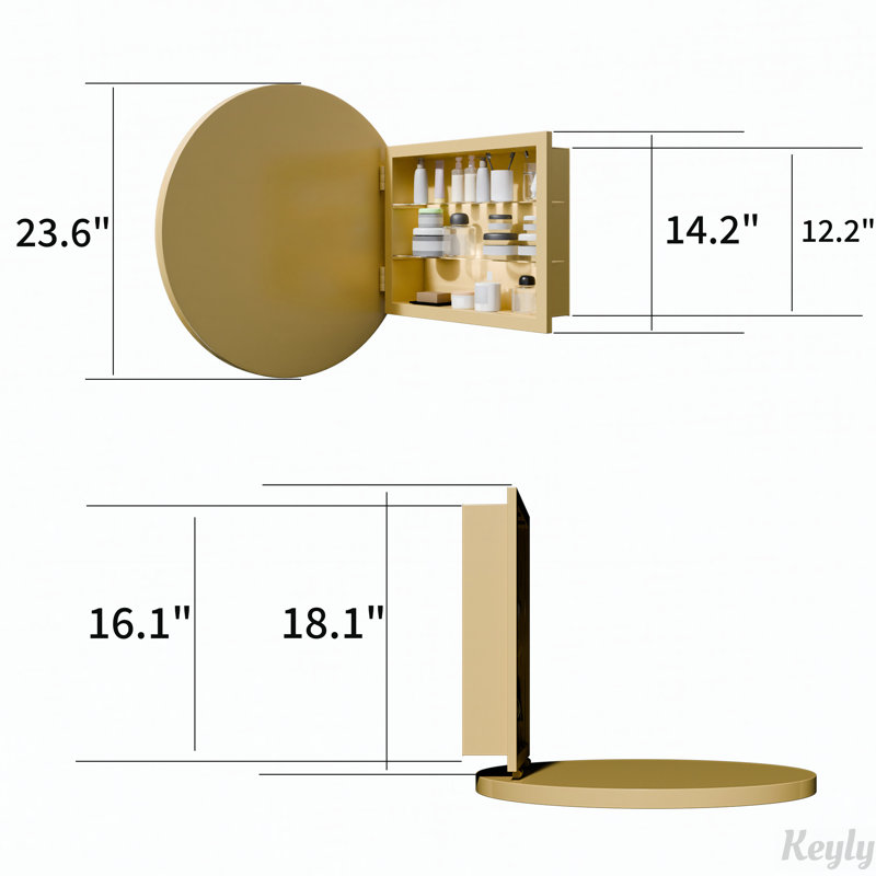 Armoire à pharmacie ronde avec cadre en métal 23,6 pouces avec miroir et tablettes réglables, rangement pour salle de bain or mat