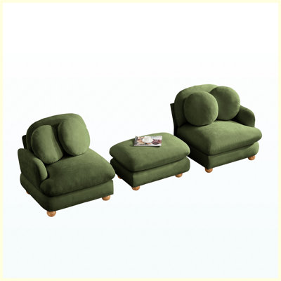 Comfy Chenille Loveseat Sofa, 3 Seater Deep Seat Couch with 4 Throw Pillows, Movable Ottoman, Solid Wood Frame for Living Room, Bedroom, Green