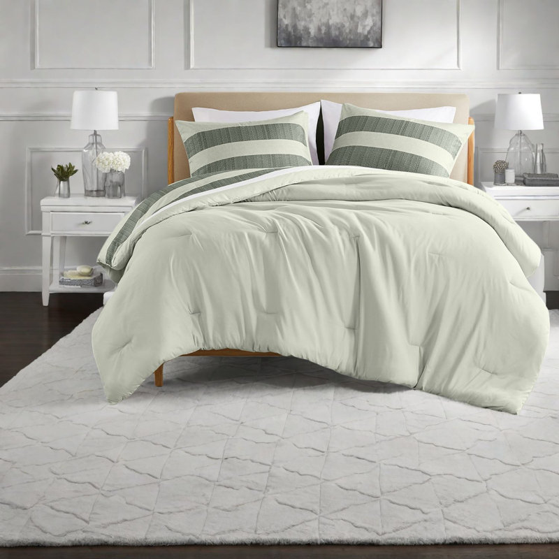 Premium Sage King/cal King Bedding Sets, Soft Textured Polyester Comforter With Modern Striped Design