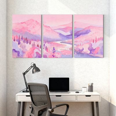 Scenic & Cityscapes Pink Mountains River Forest Sky Trees Reflection Water Set of 3 Canvas Wall Art Prints