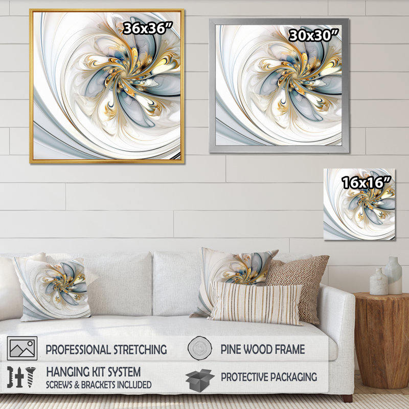 Fractal Flower Joy en blanc cosmique - impression, Cadre flottant doré, 24" H x 24" W