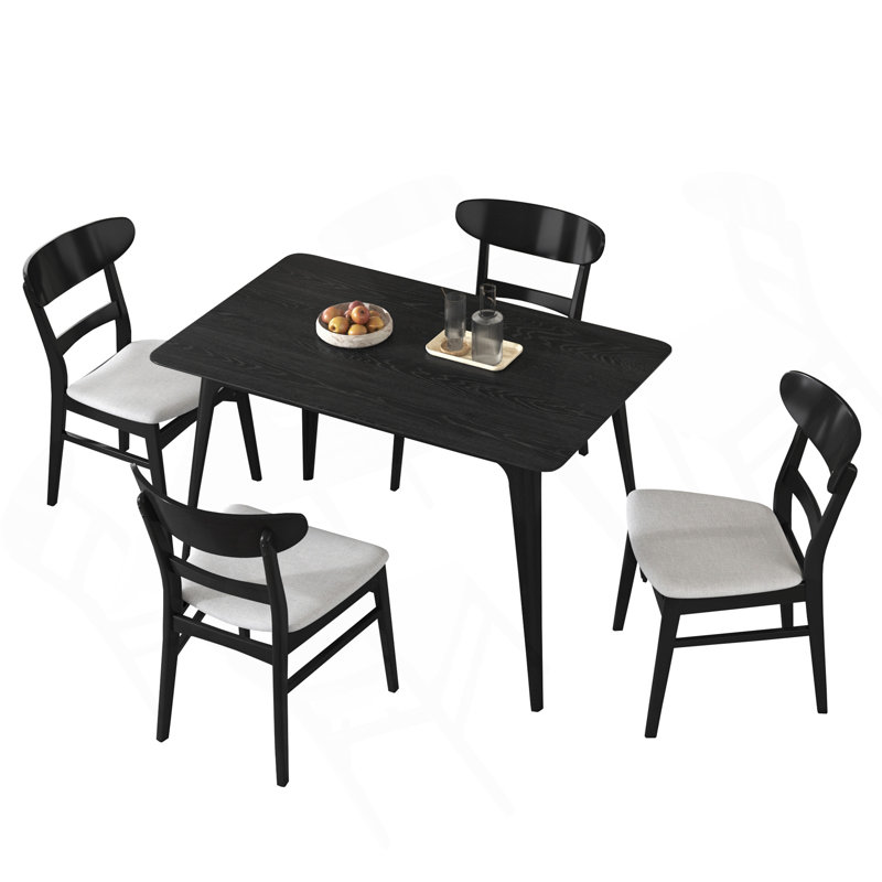 Ensemble de salle à manger 5 pièces de style Mid-Century moderne, structure en bois d'hévéa, une table et 4 chaises rembourrées, noir et gris clair