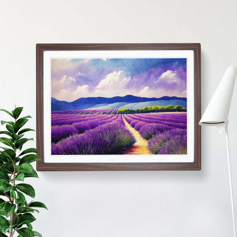 Lavender Field Watercolour Vol.2 - Single Picture Frame Print, 25cm H x 34cm W x 2cm D, Walnut Framed