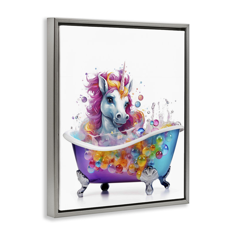 "Rainbow Bubbles", licorne grise, encadrée par Mary Cunningham, Cadre flottant gris lustré, H 21 po x l 17 po