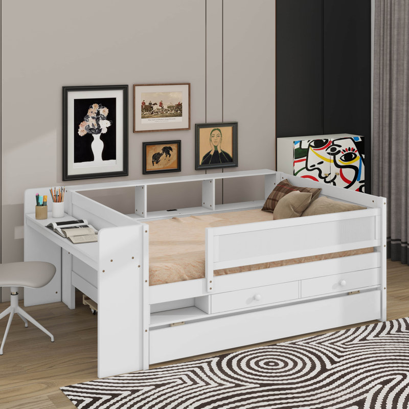 Multi-Functional Twin Daybed With Trundle, Tables And USB Charging Station, White