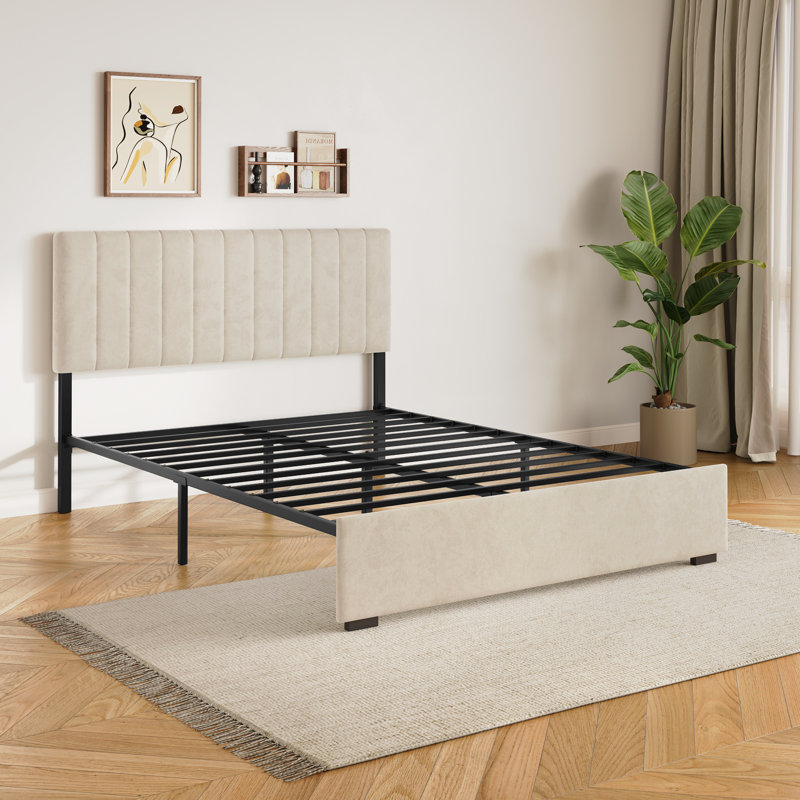 Lit plateforme moderne Queen Size en velours avec tête de lit et rangement sous le lit, beige, Grand lit, Beige
