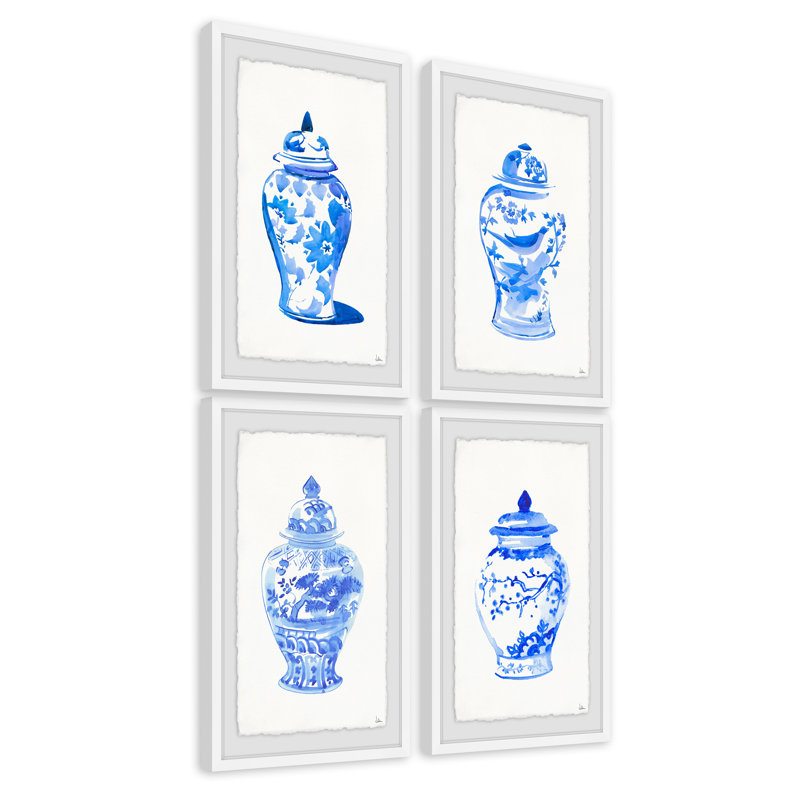 « chine vases iv quadriptych », ensemble de 4 reproductions de peintures à l’aquarelle encadrées, H 12 po x l 8 po x L 1,5 po