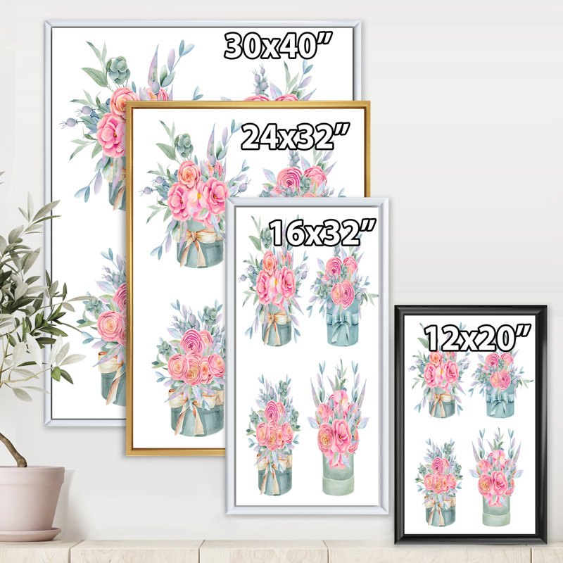 Collection de roses roses - reproduction sur toile avec cadre flottant, H 20 po x l 12 po x p 1 po, Cadre blanc