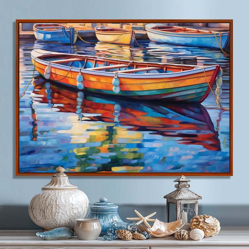 Bateaux dans le port - art mural de port côtier pour le salon, H 30 po x l 40 po x P 1,5 po, Cadre flottant brun
