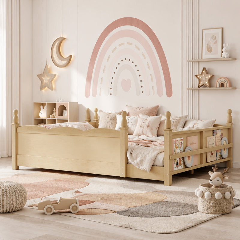 Grand lit sur pied avec garde-corps et bibliothèque Queen Montessori, Grand lit, Naturel