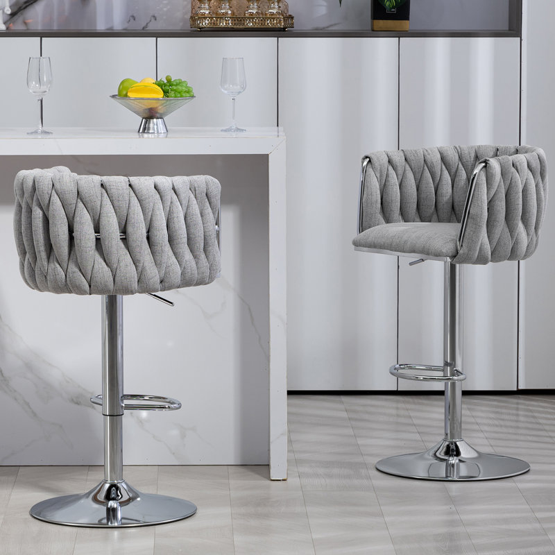 Ensemble de 2 tabourets de bar pivotants à 360 ° en tissu, chaises de bar réglables à hauteur de comptoir avec dossier tissé et repose-pieds, tabourets de bar chromés argentés pour îlot de cuisine, café, pub (gris)
