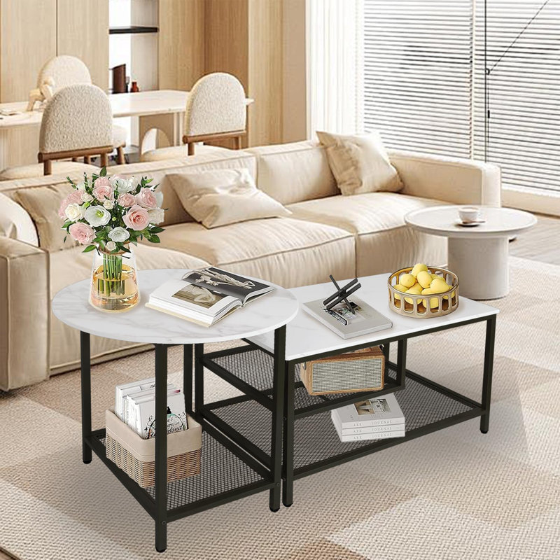 Nesting Table Set Of 2, Modern Round End Table & Rectangular Coffee Tables For Living Room Apartment, Black