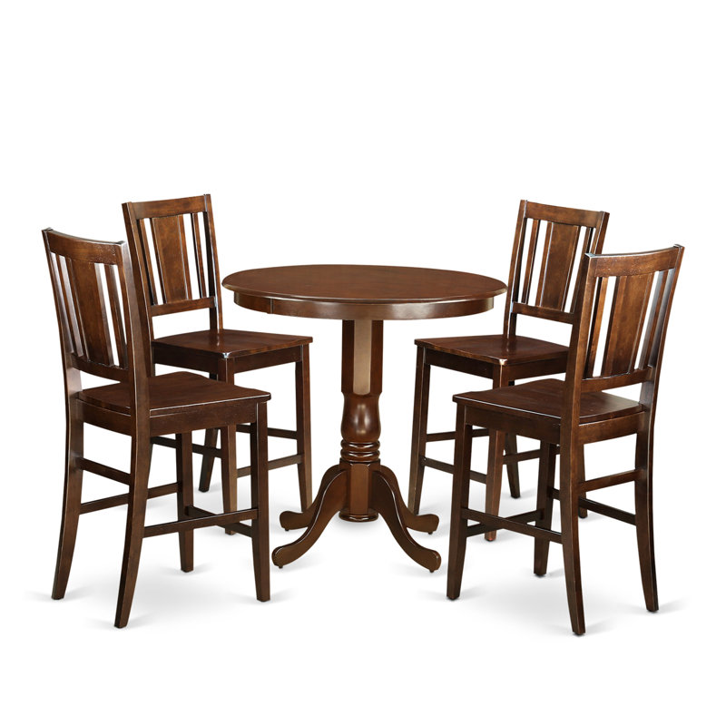 Counter Height Dining Table Set Contains a Round Wooden Table with Pedestal and 2 Leath, Wooden, 5 Pieces: 1 Table, 4 Chairs