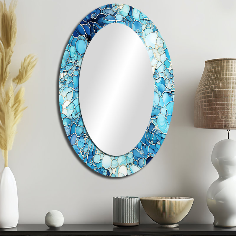 Ocean Blue Mosaic Turquoise - tropical  Mirror, Blue Unique Wall Mirror, Printed Metal Art, 36" H x 24" W, Oval