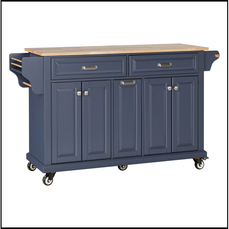 Versatile Kitchen Island with Rubberwood Countertop, Storage Cabinet, and Multiple Drawers for Enhanced Organization and Mobility.