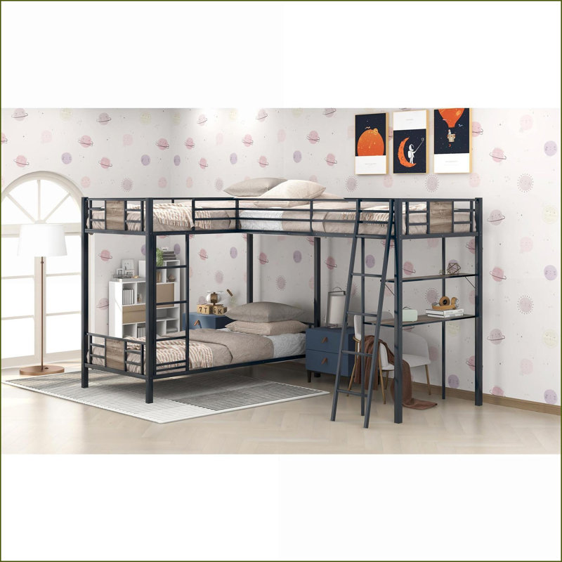 Lit superposé simple au-dessus d'un lit simple en L avec bureau mezzanine et amp; Tablettes, structure en métal / panneau de fibres à densité moyenne, brun pour les chambres d'amis