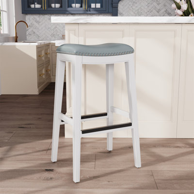 Tabouret de bar de 30 po de hauteur, finition blanche, siège en cuir gris